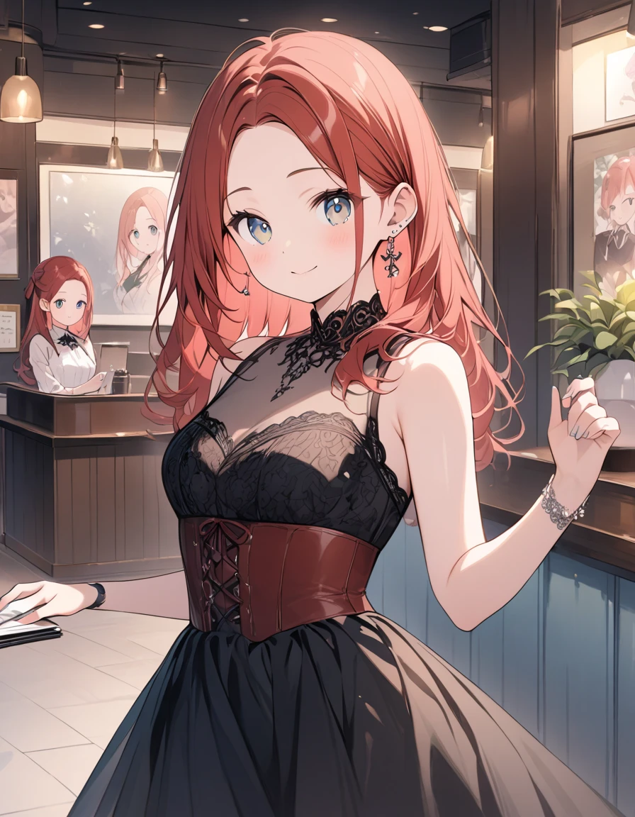   Pastel Art  、Thin line drawing、color、  Poster Designs  、Forehead、Bangs parted in the middle、Forehead女子、 cute girl、  Chubby face 、 look with sexual appeal、 Red Hair、 Long Half Up 、 cute earrings、Sophisticated work、Delicate lace dress 、Waist corset、 Posing at a Cafe 、Guest Reception 