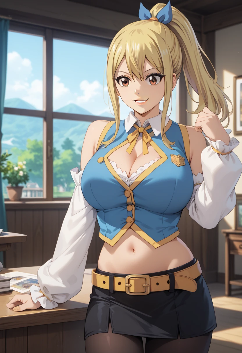 masterpiece, best quality, high resolution, lucy heartfilia, blonde hair, ponytail, big breasts, black tights, loose sleeves, belly, short vest, strapless, belt, black skirt, cowboy photo, indoors, smile, yellow lipstick