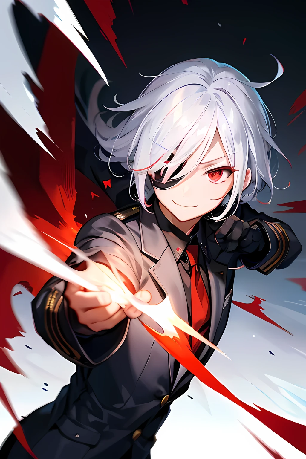 A  boy、 Silver Hair、Bangs covering the left eye、 red eyes、Slanted Eyes、Eyepatch covering left eye、 smiles、 blazer uniform、 Fire Effects 、 Fighting Poses、 anime style、 Highest Masterpiece。