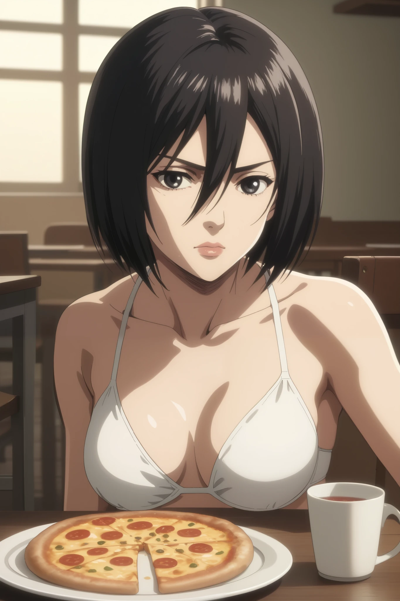 score_9, score_8_up, score_7_up, source_anime, rating_safe, intricate details, anime screencap, , , looking at viewer, , 1girl, solo, mikasa_ackerman, black hair, black eyes, s3, hair between eyes, short hair, lips, panorama, eating, pizza, plate, table, chair, table, kitchen background, dinner room background, cinematic angle, cinematic lighting, masterpiece, best quality, wears white bra, white bikini, tight bikini (Beautiful, medium Breasts:1.2),
