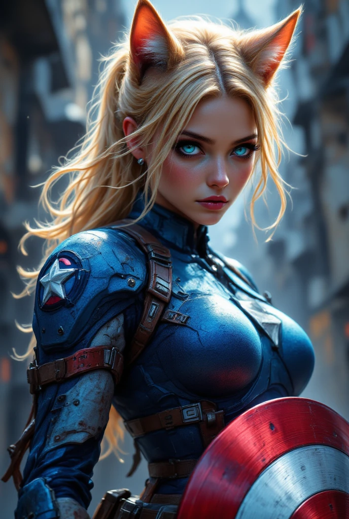 A  ((masterpiece)) ((photography)) ((Highest quality))  depiction of Miss Captain Ameri-cat: a fusion  between  Captain America from Marvel and an anime Cat anthropomorphic cat girl. she is wearing the iconic Captain America blue armor with the star and red strips. and holding Captain America's shield.