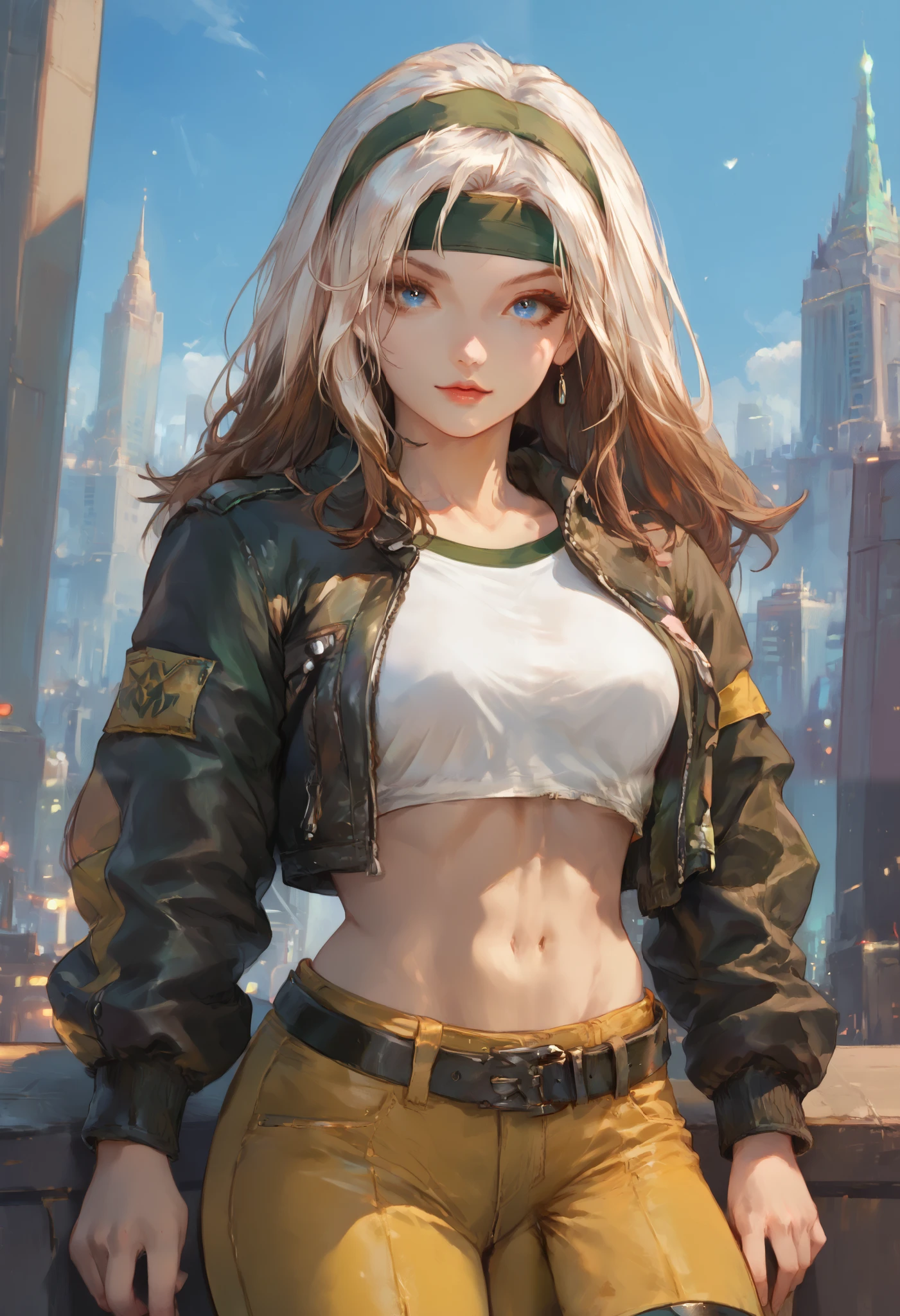 (Highly quality, masterpiece, detailed), night city detailed scenario, night city detailed background, 20 years old girl, solo, multi colored hair, white hair, brown hair, Superhero, Rogue, Xtreme, blue eyes, jacket, open clothes, belt, open jacket, headband, cropped legs, leather, leather jacket, green pants, yellow pants, yellow leather top, green leather top, crop top, navel, perfect face, beautiful eyes, perfect eyes, looking at the viewer, Sexy pose