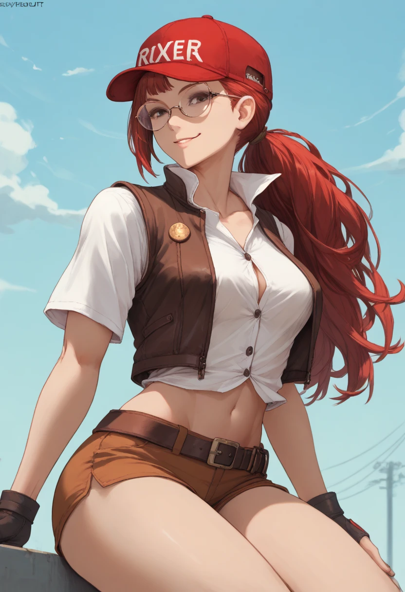 (art, best quality: 1.2), illustration, 8K, high definition, 1, alone, torso, (portrait: 1.2), large breasts, circular glasses, has, upper cut, belly, gloves, navel, baseball cap, protectors knee high, short shorts, ponytailed hair, boots, brown eyes, brown shorts, belt, smile, package, brown belt, red hair, hip opening, vests, long hair, vest,