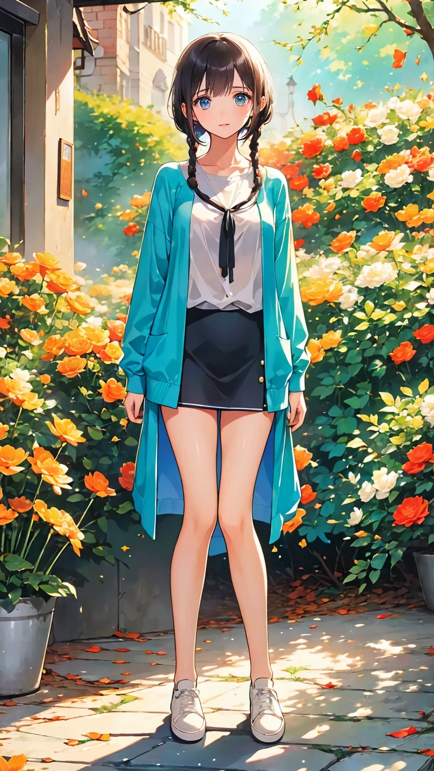 body 8 times longer than head  , (  High Quality CG Unity 8K ), (  top quality)，(  very detailed)，(  masterpiece  ,  top quality:1.2), 18 years old,  very beautiful girl, Alone, Coffee shop with a happy expression looking at the camera  , Accurate Face,  she's calm ,  large jacket  ,  mini skirt with snaps around the knee ,  sneakers.,  aromatic coffee, whole body,  simple background, , review，  Shortcut ， Bedhead，  short braided hair ，Neat，  slender beauty ，Correct posture， small breasts，  beautiful legs，  my enchanting gray-blue eyes shine like stars，Droopy eyes，  bright color ,  beautiful eyes ,A delicate smile,textured skin,  top quality best , A Parody of a Gentle Beautiful Woman  ,  Anime Style､
