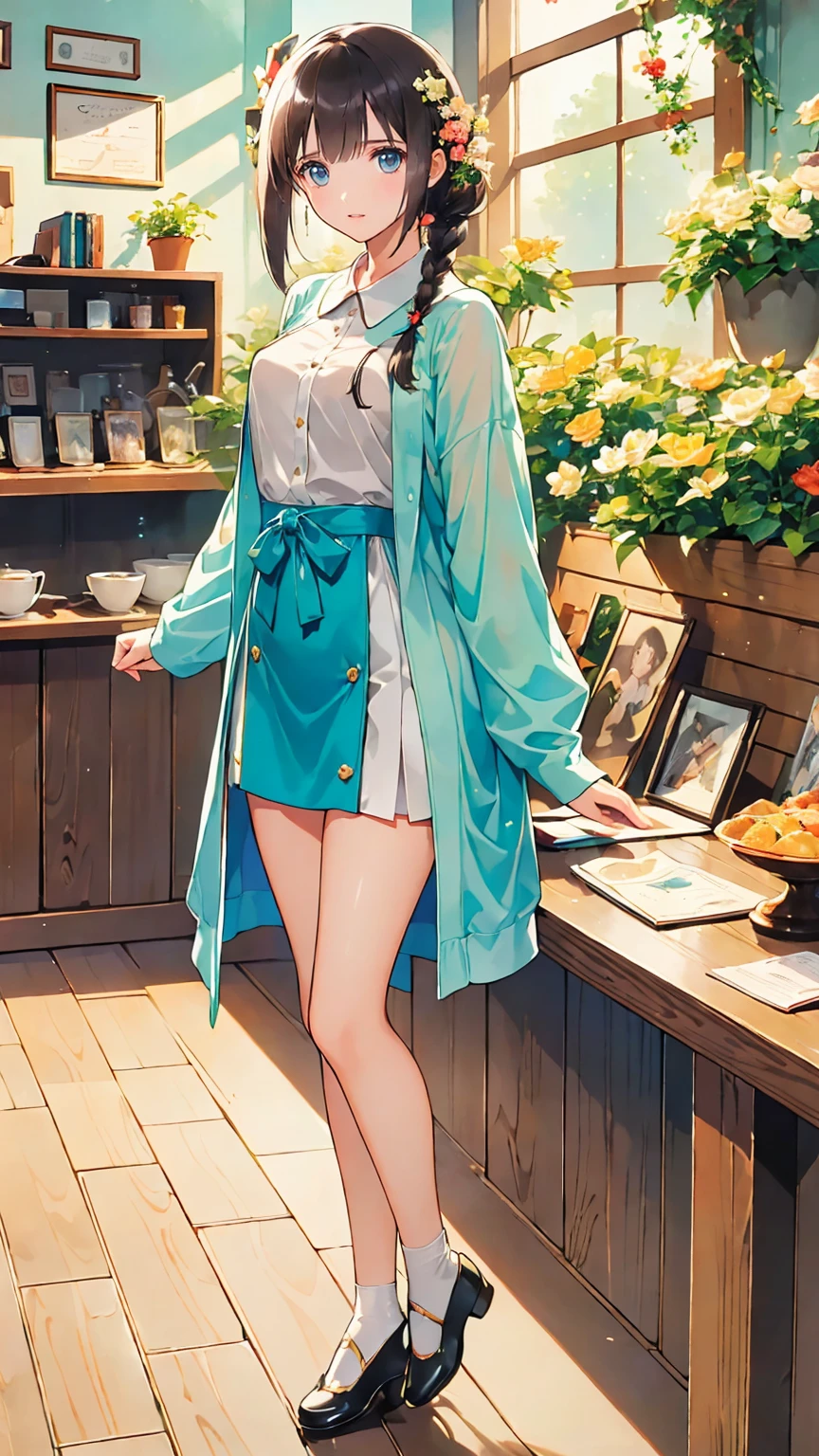 body 8 times longer than head  , (  High Quality CG Unity 8K ), (  top quality)，(  very detailed)，(  masterpiece  ,  top quality:1.2), 18 years old,  very beautiful girl, Alone, Coffee shop with a happy expression looking at the camera  , Accurate Face,  she's calm ,  large jacket  ,  mini skirt with snaps around the knee ,  sneakers.,  aromatic coffee, whole body,  simple background, , review，  Shortcut ， Bedhead，  short braided hair ，Neat，  slender beauty ，Correct posture， small breasts，  beautiful legs，  my enchanting gray-blue eyes shine like stars，Droopy eyes，  bright color ,  beautiful eyes ,A delicate smile,textured skin,  top quality best , A Parody of a Gentle Beautiful Woman  ,  Anime Style､
