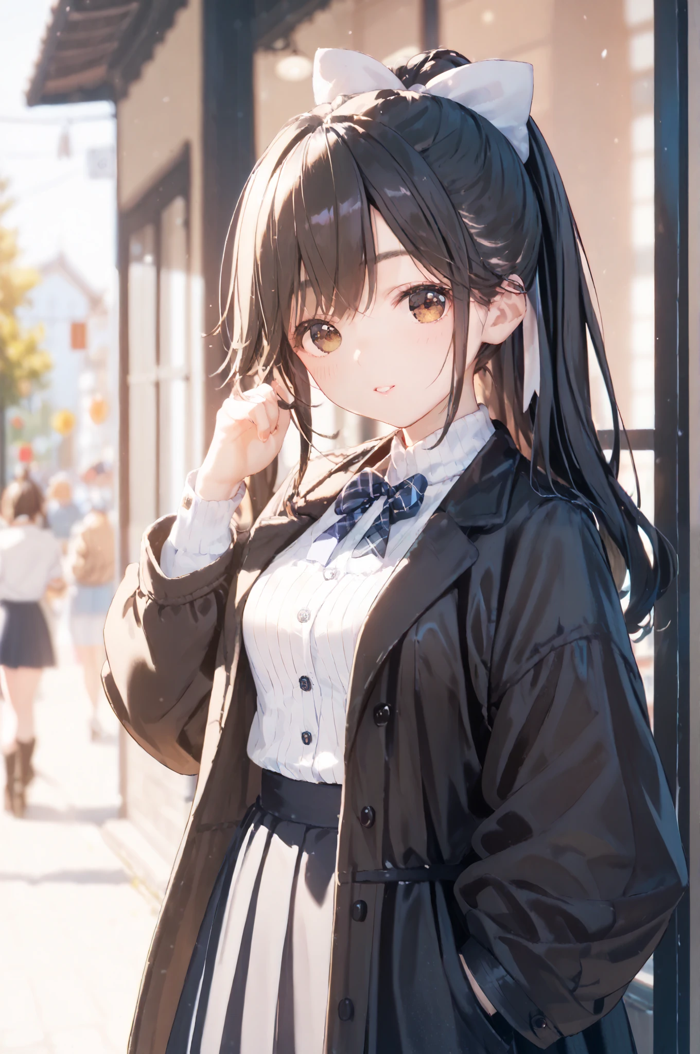  very cute woman　 very cute Japanese woman　 pubic skin　 white skin　Glossy lips　 a happy expression 　Wavy long hairstyle　Perfect System　 white blouse 　 blazer　 long black skirt 　 black boots　brown duffle coat　Winter Town　Walk briskly　 black hair　Wavy Long Hair　 brown eyes　Tall　 ponytail