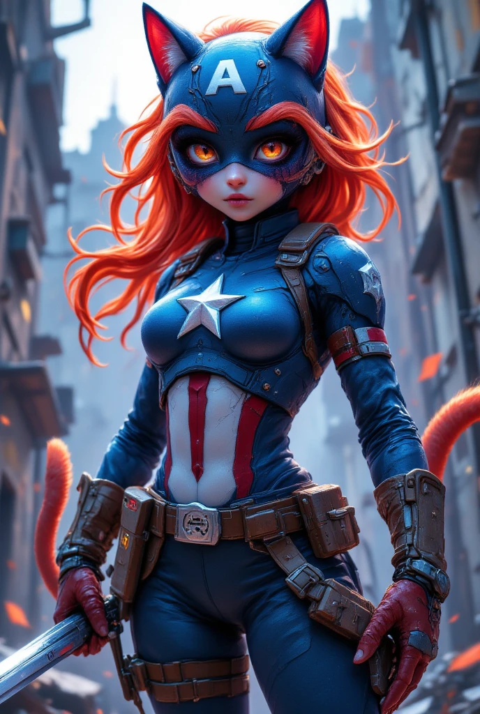 A  ((masterpiece)) ((photography)) ((Highest quality))  depiction of a redhead Miss Captain Ameri-cat: a fusion  between  Captain America from Marvel and an anime Cat anthropomorphic cat girl. she is wearing the iconic Captain America blue armor with the star and red strips. and holding Captain America's shield.