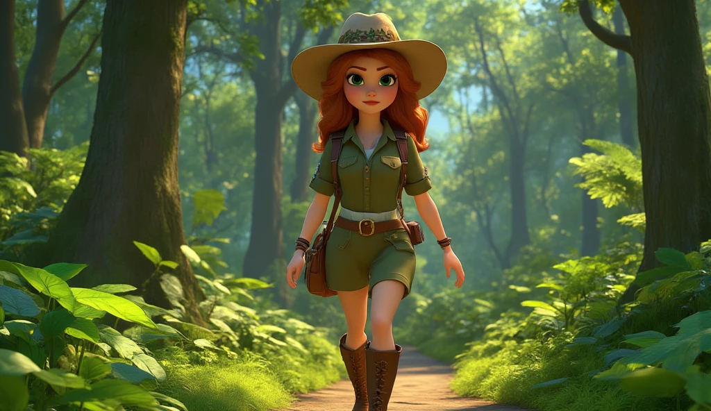 Vera a  girl, with vibrant green eyes and shoulder-length auburn hair,  hairstyle in soft waves . The character wears a wide-brimmed beige hat adorned with a subtle leaf pattern around the brim.. He wears a short-sleeved olive green safari jacket with rolled cuffs.,  the jacket has two chest pockets and is cinched around the waist with a brown belt that has a gold buckle. Below, a white shirt peeks out. The character wears brown calf-high boots with laces and darker brown soles.. on the back, He carries a small rustic brown leather backpack secured with straps over his shoulders. The overall appearance suggests an adventurous spirit. You are exploring a dense forest , walking on a path.