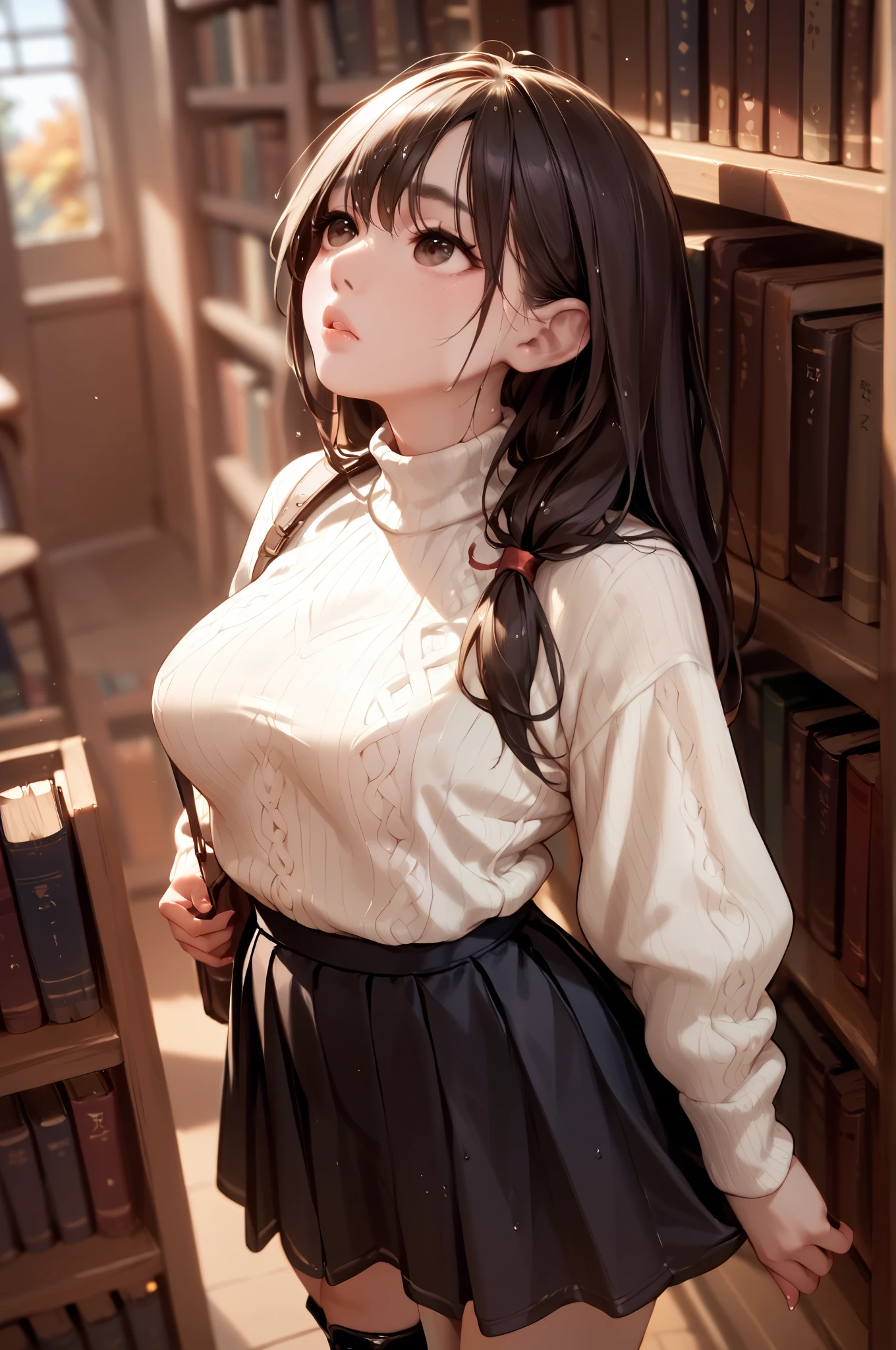  very cute woman　 very cute Japanese woman　 pubic skin　 white skin　 wet lips　A sad expression　Wavy long hairstyle　Perfect System　 white sweater　 long black skirt 　 black boots　Autumn library 　 cm apart　 Looking up at the sky