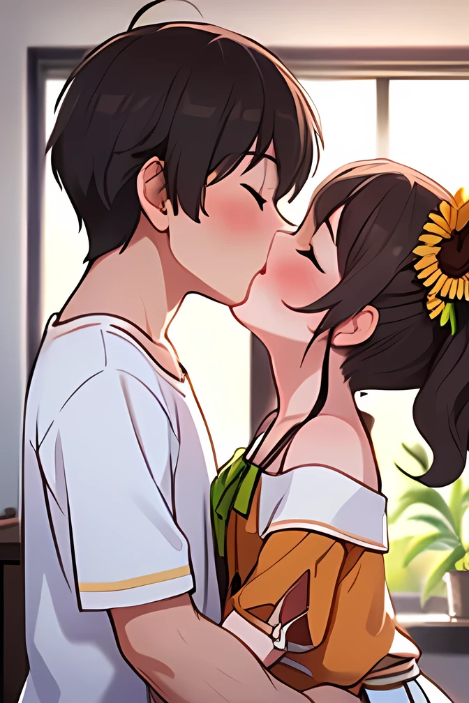 ((kiss:1.4)),((Middle-aged couple)),(((indoor:1.3))),1 ((male:1.3)), short hair, black hair,Standard length, white t-shirt ,jeans,/ 2. woman ,(((Summer Color Festival:1.3))),iris, soft lips ,Standard Height,((( side ponytail ))), White Pleated Skirt , pantyhose,