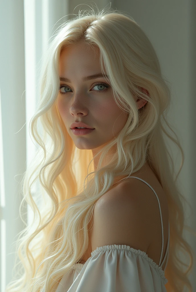 женщина с длинными волосами и в белом топе posing фотографу(((ultra realist))) photoshot, masterpiece, top quality, (pale skin), (ultra-detailed face and eyes:1.3), 1 girl, adult, im T-Shirt, (Eye make up, mask) , ((size, Detailed Lips)), ((ashy wavy hair)), ((bangs)) , (Natural breasts), thin waist. ((posing)), photoshot-Shooting, studio (Soft lighting), (The play of light and shadow), depth of field, Hips, (Special attention to leather details: 1.2), detailed skin structure, Hautporen. (Airy atmosphere of the frame. The coloring is delicate., bright, White, Pink tones), dr, ((The granularity)), ((Rays)), ((bright солнечный свет)), ((hip-length portrait, close to the camera)) , extremely detail,