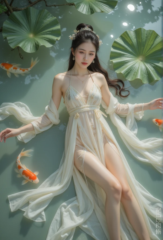 ( 1 girl lying on the lake:1.5), body covered with water ,floating hair ...