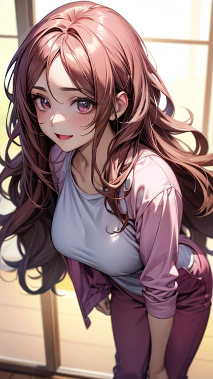 Girl, long straight brown hair, brown eyes, sharp features, white skin, bright pink lips, beautiful, sweater