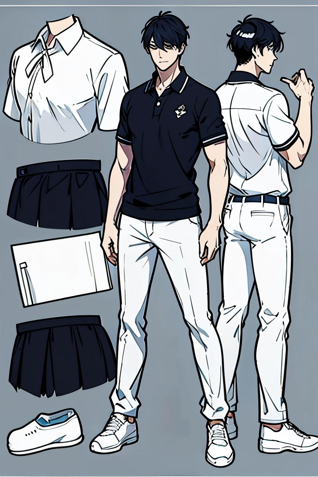 Go Eunhyuk from the Webtoon called Operation True Love, concept art, character concept, handsome main character, white shirt with short sleeves, white polo, black pants, white shoes, ((school uniform)) full body, character sheet, back view