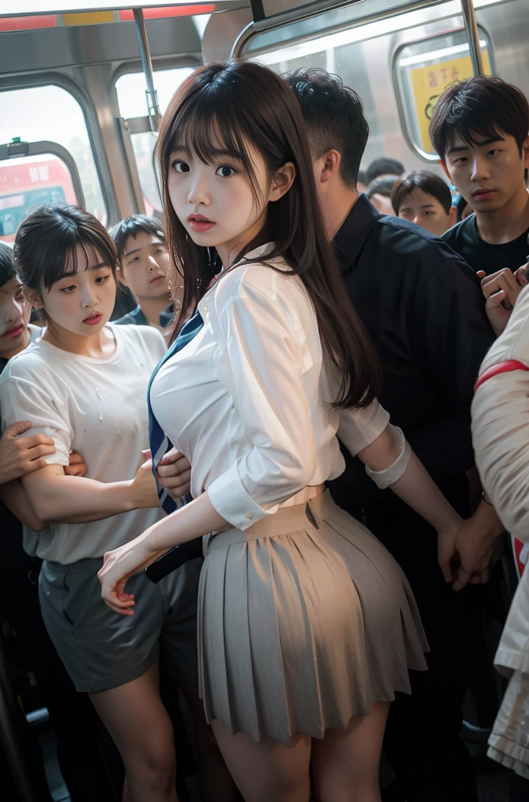 (molestation:1.8) japanese woman, beautiful breasts, (white shirt,darkblue neckribbon,pleated short skirt, darkbrown hair,bangs,ear,jk), grab, in the train, grab thighs, Multiple men around grab her , Chest grab, multiple hands, masterpiece, highest quality, very detailed, molestation, crowd of men, crowd sung, very realistic face, very realistic eyes, crowd of men around her, the person who grabs her body, molestation, masterpiece, highest quality, very detailed, 1 girl, multiple hands, Grab your ass with the crazy crowd, Chest grab, the men around her, squeezed body, Many people grab their , Be beaten, pulling on clothes, very wet and sweaty, grab clothes, (There are no women in the crowd), man with necktie, look of disgust, very realistic japanese teen face,13 old,