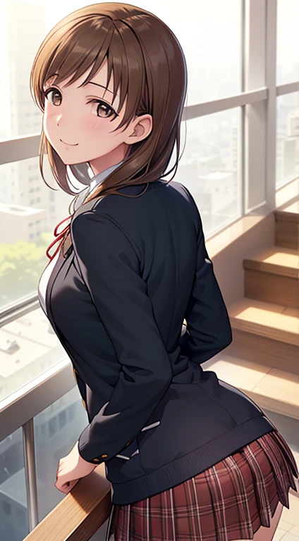 Anime styled image of a blushing Japanese schoolgirl sitting with crossed legs on a set of stairs in a romantically lit indoor scene wearing a mini black skirt, thighhigh white uwabaki, and a red ribbon tied in her short, black bobbed hair. Nearby, a schoolboy with grey hair and zettai ryouiki, dressed in black pants, white shirt, black blazer, and a red bowtie is smiling but has a sweatdrop and a hint of closed-mouth blush as he looks back at the girl. Together, they create a beautiful moment amidst the clouds, staring out the window romantically.