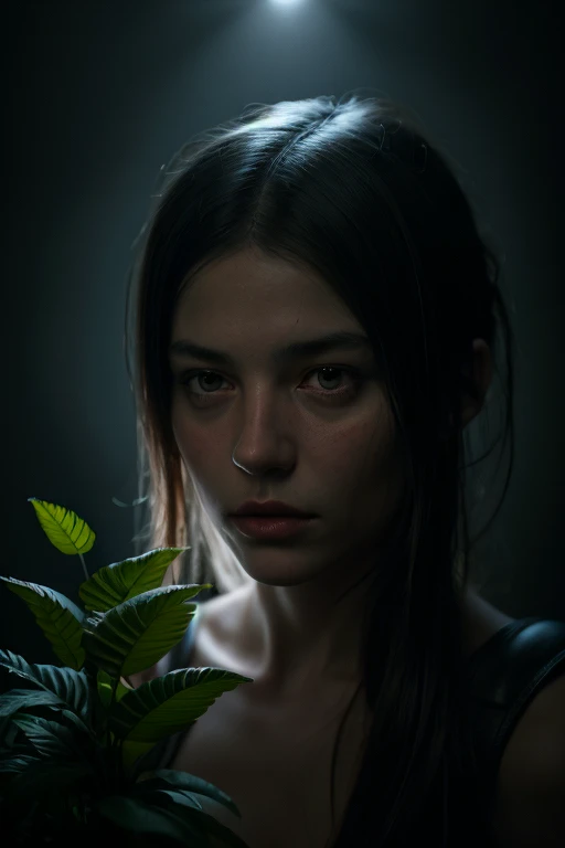 Represent SDG 15 with a woman in front of the flora while crying blood