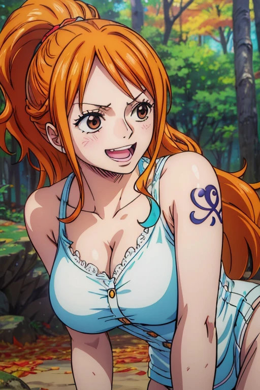  ( top quality, 4K, 8k,  high definition ,   masterpiece  :1.2),  super detailed, ( realistic , photo realistic , photo- realistic :1.37) , One Piece with her F cup boobs exposed, must be drawn in anime style , girl with very pale orange yellow hair , ponytail, beautiful brown eyes,sea, embarrassed expression,F cup size breasts,Beautiful Hair ,(青色の sexyな服),アートスタイルはCharmingなアニメスタイルに似ている.  rendering. For enhanced visual effect, Add HDR, 超 high definition ,  Studio Lighting , Fine painting,  sharp concentration, 物理ベース rendering,  detailed description ,  professional in a forest with autumn leaves,  vibrant colors, ボケはなく安定拡散 professional in a forest with autumn leavesンプトを、Please enter as is, Generate realistic anime style for Nami in One Piece ,Her hair is bright orange, Nami tattoo on left shoulder,((( top quality))), (( super detailed)),((  masterpiece  :1.5)),  detailed pictures, smile,  sexy, ( top quality: 1.4), ( one girl),  beautiful face, ( orange hair,  long hair: 1.3), Beautiful Hairstyle, Beautiful details of the eyes, ( realistic な肌),  Beautiful skin, Beautiful lipstick, beautiful lips, absurd, Charming, 超 high definition ,  high image quality, (Sexually excited:1.5),Perfect means, perfect limb,Perfect means