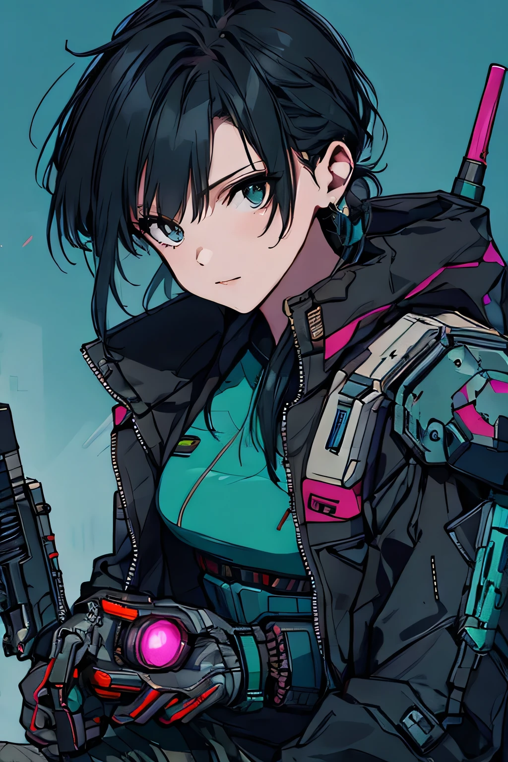 A futuristic bounty hunter 。 wears cyberpunk style armor、 a woman with an energy gun in one hand 。