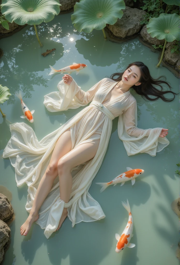 ( 1 girl lying on the lake:1.5),  body covered with water ,floating hair,Flowing silk,  Hanfu wet ,Clean water, carp,  alone, Hanfu, (Huge lotus leaf:1.3), (lotus:1.1),  dynamic posture,Transparent fabric, Chinese,Long_hair,misty,  faint smile ,Shy,Elegant,(Lake:1.2), milk,reflection, Top view , Depth of Field,  Official Art ,  super detailed, Aesthetic ,masterpiece, is the best quality, Ancient Art,