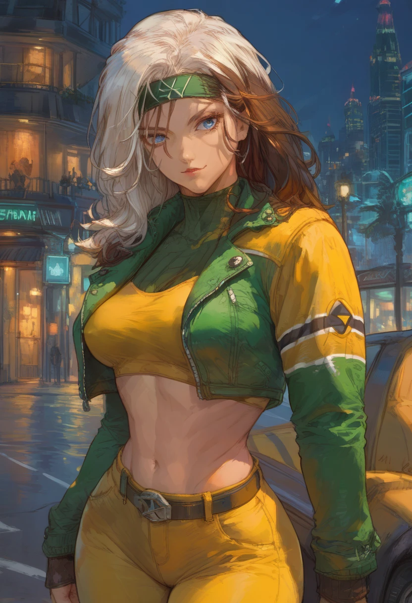 (Highly quality, masterpiece, detailed), night city detailed scenario, night city detailed background, 20 years old girl, solo, multi colored hair, white hair, brown hair, Superhero, Rogue, Xtreme, blue eyes, jacket, open clothes, belt, open jacket, headband, cropped legs, leather, leather jacket, green pants, yellow pants, yellow leather top, green leather top, crop top, navel, perfect face, beautiful eyes, perfect eyes, looking at the viewer, Sexy pose