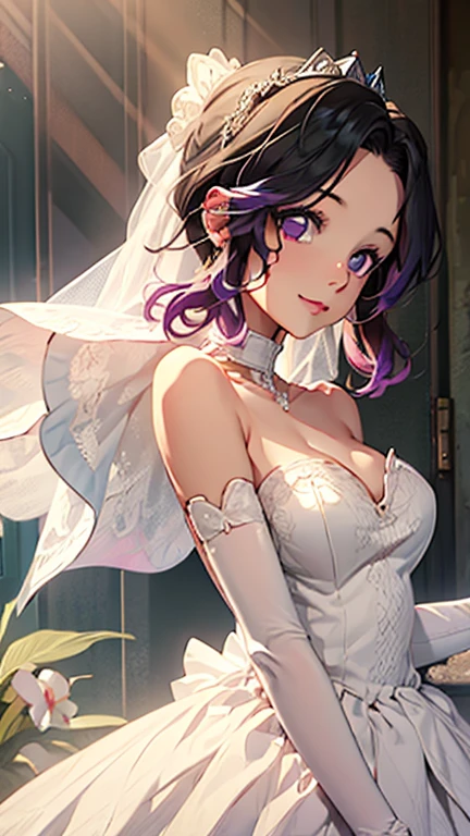 (Best Quality、8K、nffsw:1.2)、(cute Japanese girls)、（(wedding dress:1.5))、(Huge breasts:1.4)、((have a bouquet:1.7))、Bun hair、forehead、Composition from the front、Gentle smile、flushed cheeks、confeti、chies、Sunny skies、perfect hands perfect fingers perfect breasts perfect hair perfect face perfect body