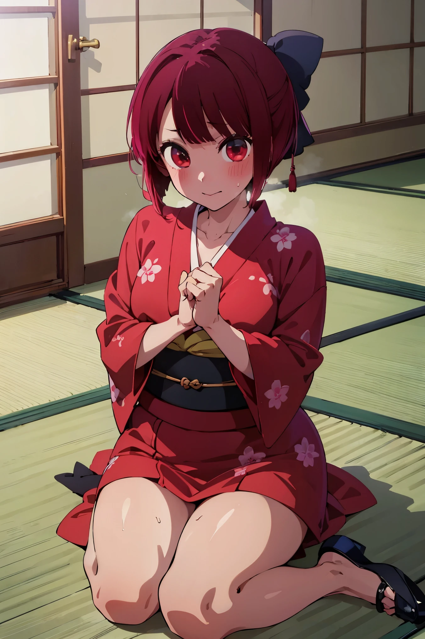 High resolution, Nakano Nino,1 girl,pink hair,short hair,butterfly hair ornament,Voluptuous thighs, extra limb,extra digit,fewer digit, breast focus, whole body,Looking at viewer, japanese clothes, living room, happy, medium breasts, wariza