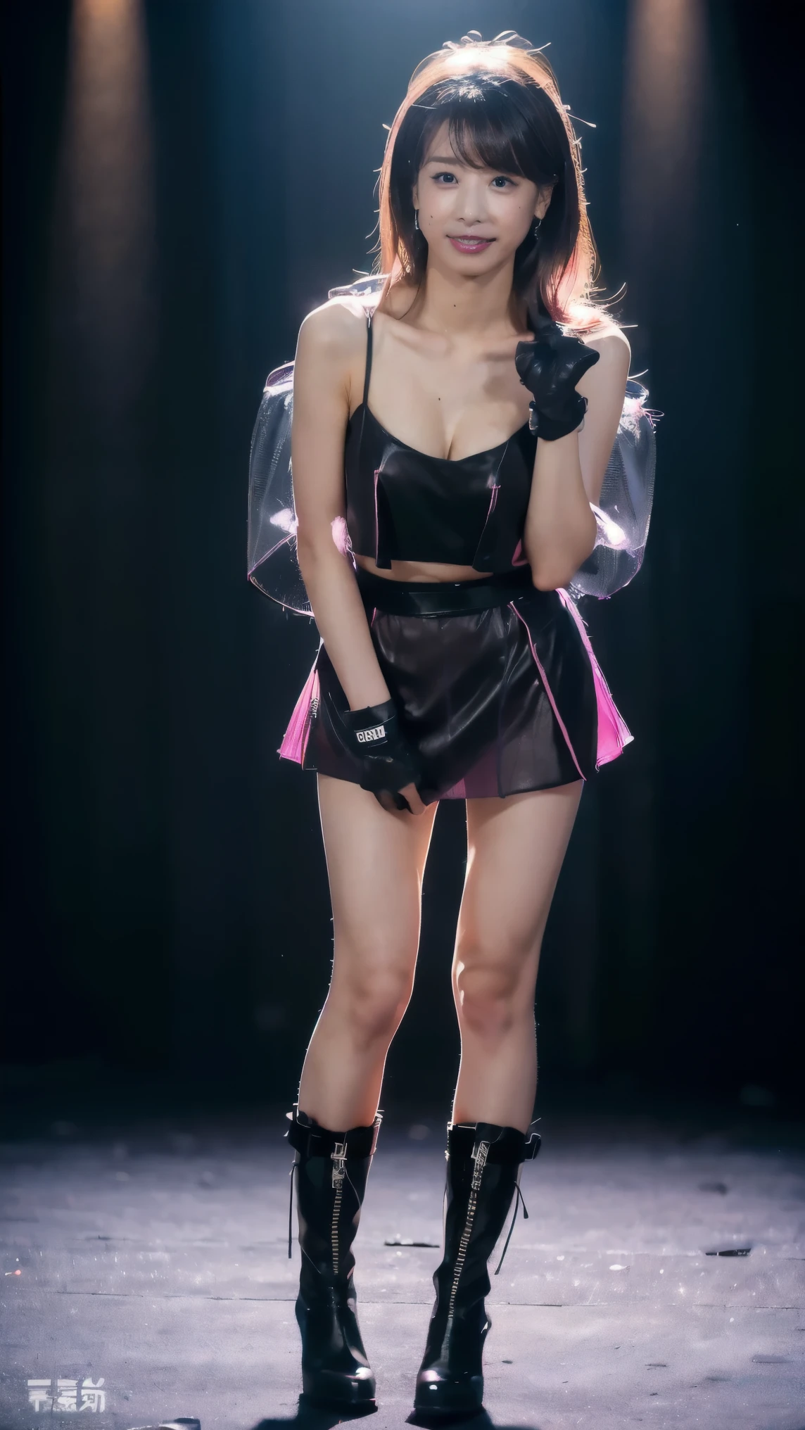(8K、RAW Photos、Highest quality、masterpiece:1.2)、(Realistic、Realistic)、1 Girl、((Black and pink dress、Fluttering Hair、Stand with hands on hips、See-through、Shorts、boots、Big Breasts、View from the front、Are standing、))、smile、Lots of eyelashes、Add shine to your eyelids、skeletally correct、