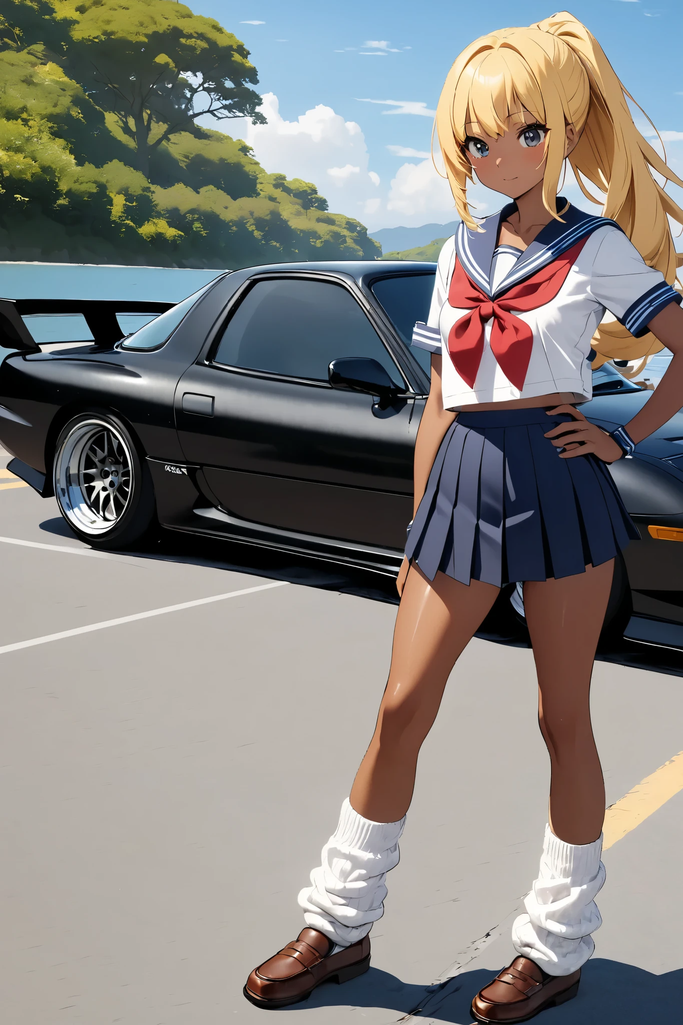 uploaded on e621, ???????? content, 3d:0.4, cutesexyrobutts, hioshiru, female, furry ????, solo, rockruff, large fluffy tail, carmeet setting, (school uniform), medium breasts,  medium thighs, medium hips , closeup, school uniform, pleated skirt, thighhighs sitting in the hood of a chevrolet 
