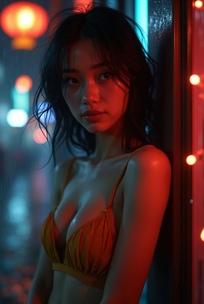 (masterpiece, Highest quality), 8k,(((Very detailed))), Race:1.8, Super intricate Race pattern,　colorful Race pattern,Stained glass transparent body, Mandala,light up,cold, 1 female, Open Back, 18 years old、Japanese, beautiful girl, Intelligent face, Photo of Lee Jae, tumbler, sultry body with セクシー belly, Sexy girl, Young sensual elegance, Sexy body, delicious, Sexy look, Very Short Hair、Night viewのきれいな港で撮影、Night view、 Intelligent face、Narrow waist、Large Breasts、drool coming out of the mouth、Smile a little、EOS 50ｍｍ F2, Blur the background、Shooting from the front、Lighting the face、Sitting with legs apart、belly button、Thighs、bikini、smile、