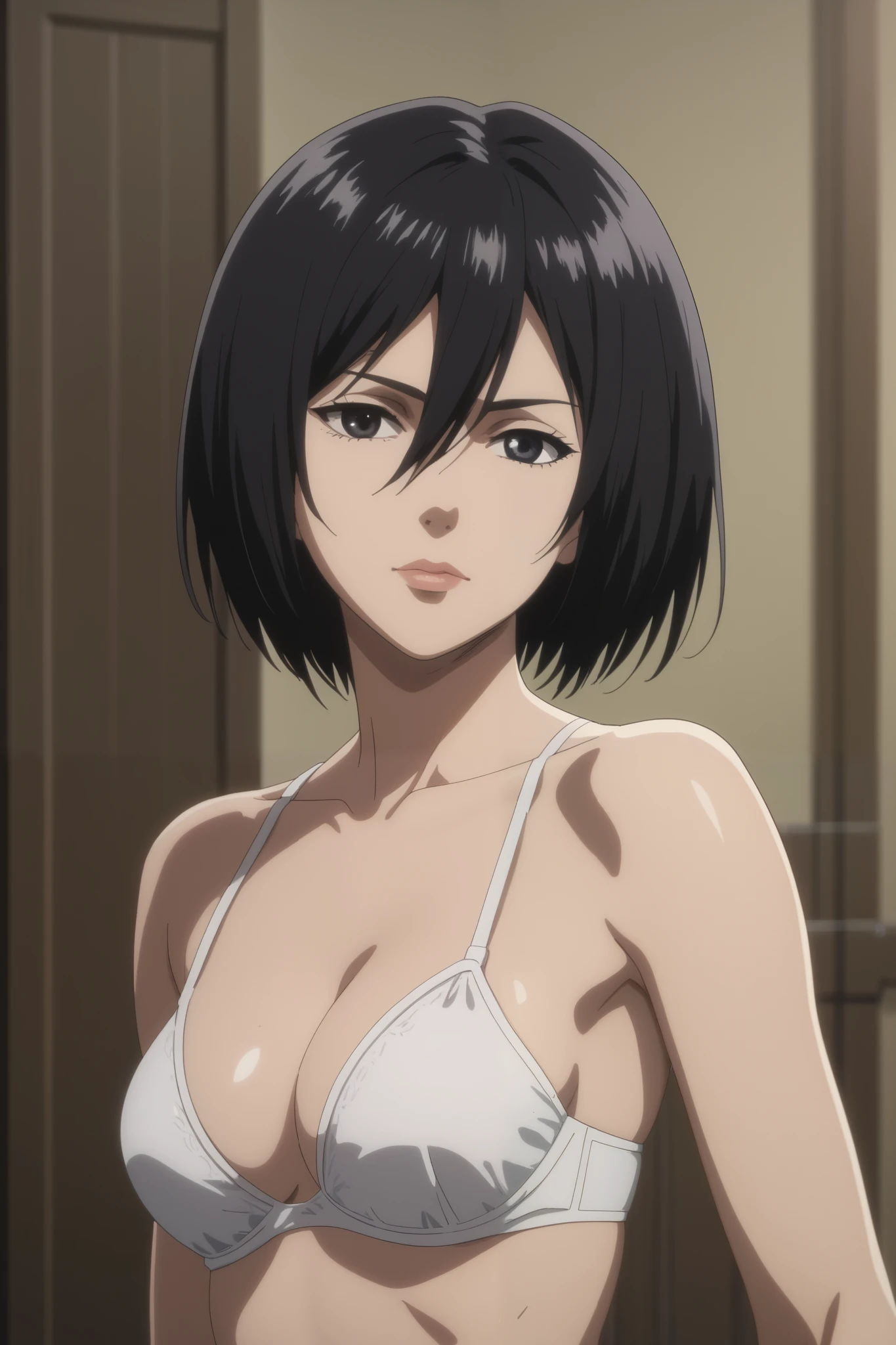 score_9, score_8_up, score_7_up, source_anime, rating_safe, intricate details, anime screencap, , , looking at viewer, , 1girl, solo, mikasa_ackerman, black hair, black eyes, s3, hair between eyes, short hair, lips, white bra, white bikini, breasts, upper body