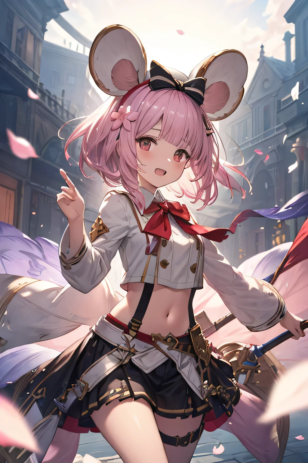 happy girl ( showing teeth), standing, combat pose,  pink hair color,  mmorpg background ,  mmorpg background (A stranger), complete anatomy,   graphic effects ,  ornament of a flower-shaped accessory on the head, aura, white beret, height 159 cm  ( 5 feet 3 inches ),  summoning circle, Castea skill Eccentric Parade(granblue fantasy), Blue Fire Force +vapor,  fire around, strong breeze ,  sakura petals and leaves, primera persona, blush,  looking at the viewer , Charm, Pausa de toque ciego  looking at the viewer ,  very detailed face , 8K, light and shadow effect.  Masterpiece.