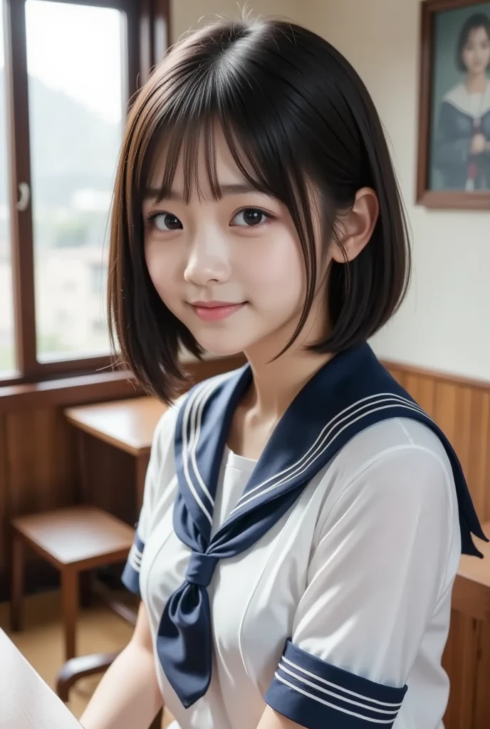 (8k,  photorealistic,  RAW photo,  Max image : 1.4),  Japanese girls、18 years old, ( bob hair)、 smile, Super detailed face 、Attention to detail、 double eyelids 、 sharp concentration:1.2、 beautiful woman:1.4、( black hair)、 top quality、  masterpiece on penis 、 super high resolution、( photorealistic:1.4)、 is exquisitely crafted in every detail 、smile lit by professional lighting、(Sailor school uniform,  navy blue pleated skirt)、 open your mouth slightly、( upper body),( The background is indoor)