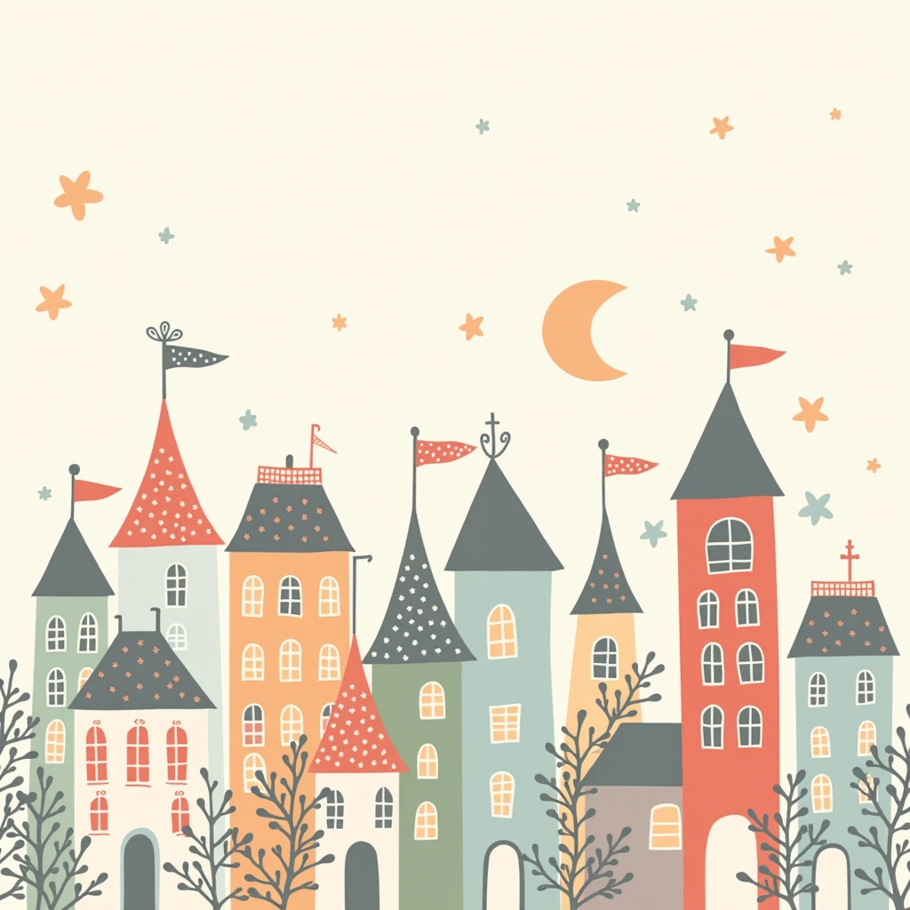 Pattern1,A whimsical cityscape, with charming buildings and a light, airy feel,  simple background