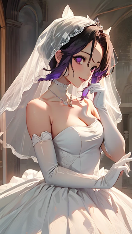 <lora:kafka-10:0.8>, kafka, 1girl, solo, looking at viewer, smile, wedding dress, bride, white dress, bridal veil, standing, upper body, large breasts, cleavage, purple hair, eyewear on head