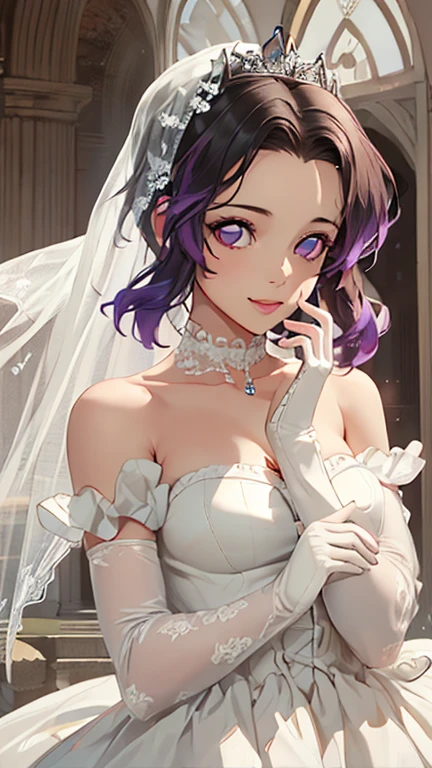 1girl ,lady nagant, boku no hero academia, purple hair ,earrings ,lipstick, eye shadow, makeup, hair between eyes, ahoge, hair ornament, gloves, dress, cleavage, bare shoulders, collarbone, white oprea gloves, white gloves, white dress, strapless, white choker, tiara, veil, strapless dress, wedding dress, bridal veil, beautiful woman, perfect body, perfect breasts, wearing a wedding dress, ball gown, in the park trees, wedding decorations, looking at the viewer,  smile, realism, masterpiece, textured skin, super detail, high detail, high quality, best quality, 1080p,