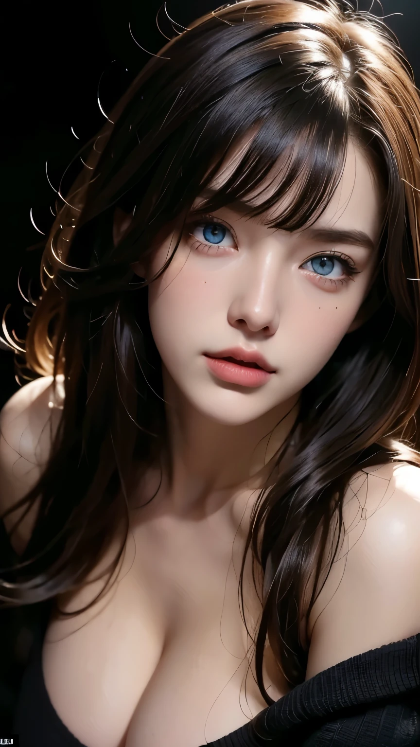 masterpiece, best quality, ultra-detailed, facing the camera head on, intricately detailed hyperdetailed, realistic, sharp features, highly detailed, sharp focus, perfect face, perfect face, perfect symmetrically perfect eyes, perfect full lips, flexible female form, cinematic, film light, hyper detailed, hyper realistic, masterpiece, atmospheric, high resolution, vibrant, dynamic studio lighting, nsfw, ((Dark background)), Sexy face, Facial expressions when receiving pleasure, straight Bangs, blue Eyes, black sweater, freckles,