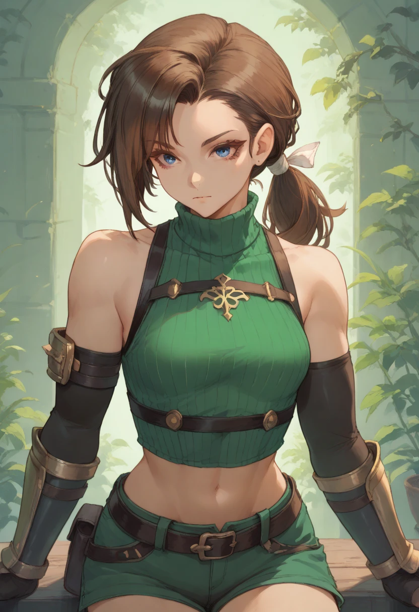 RhudaRunebeck
long hair, asymmetrical bangs, brown hair, blue eyes, low ponytail, short ponytail, white ribbon
turtleneck, sleeveless, ribbed shirt, green shirt, crop top, breastplate, navel, elbow gloves, fingerless gloves, black gloves, arm guards, black belt, belt pouch, short shorts, green shorts