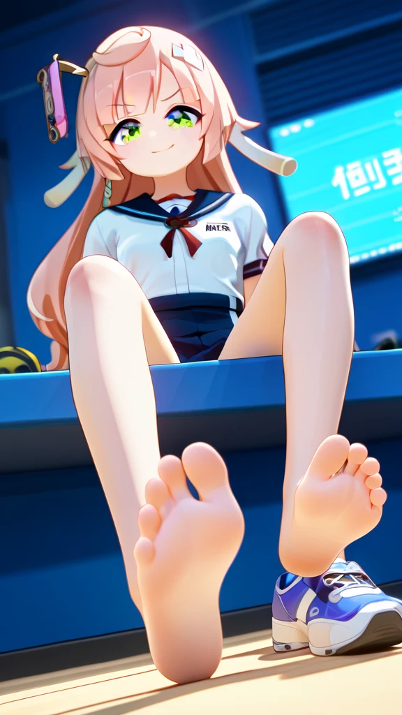 score_9,score_8_up,score_7_up,score_6_up,score_5_up, Sport outfit, after sport,  Solitary, Foot Focus,hypno feet, hypnotic feet, Iono tries to hypnotize viewer with soles of feet, possessive, mind control, brainwash, 3D Rendered Anime style, short hair, Iono shows soles of feet, foot focus, sole, shoe taken off, young soles, smug, five toes, sport shoe taken off,  1girl, solo, feet in my face, dominating, Femdom, could ruin my life by controling me with her feet, cute girl, smooth soles, no wrinkles, swimming hall in background, sporty, hypnotic soles, smug, manipulative girl, the girl is sitting on a wall, pale soles, the girl is Yanfei, yanfeidef, green eyes, pink hair, long hair, antlers, small breasts