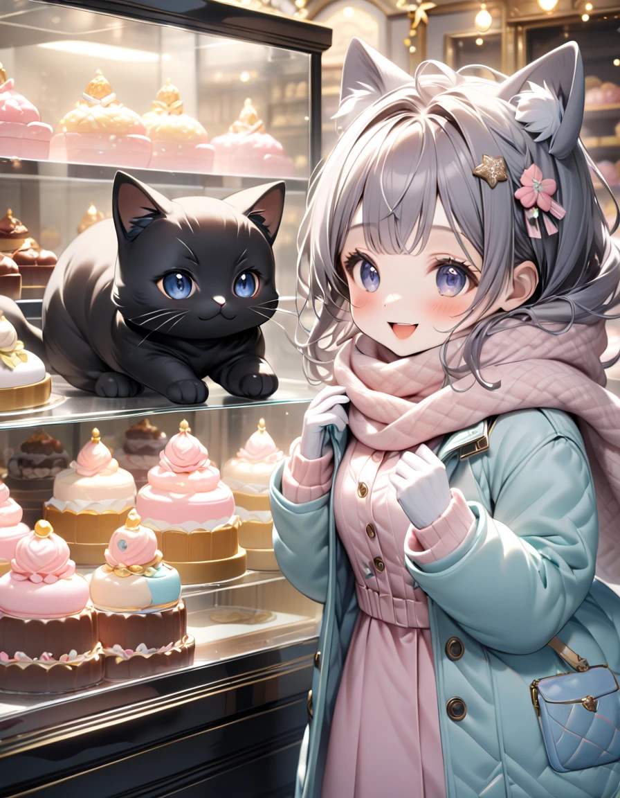 (masterpiece, ultra-detailed, best quality, clear focus, dramatic scene, cinematic), shadow, (ultra-high resolution, 8k), perfect anatomy, perfect face, (detailed face, detailed eye, chibi), cute Japanese chibi girl, famous Japanese chibi idol, very beautiful and cute and cool face, (wearing a pastel colored stylish winter outfit with long coat, woolen scarf and glove:1.2), (large breasts), (She standing in front of the showcase of the cakes in the confectionery shop:1.3), (the shopkeeper is a human-like giant black cat), (a human-like giant black cat is sitting on the display case and welcoming her:1.35),  many kind of Christmas cakes are shown in the glass display case, she looks so happy, happy smile, the confectionery shop is gorgeously decorated with Christmas decoration, shining Christmas illumination, decorated Christmas tree