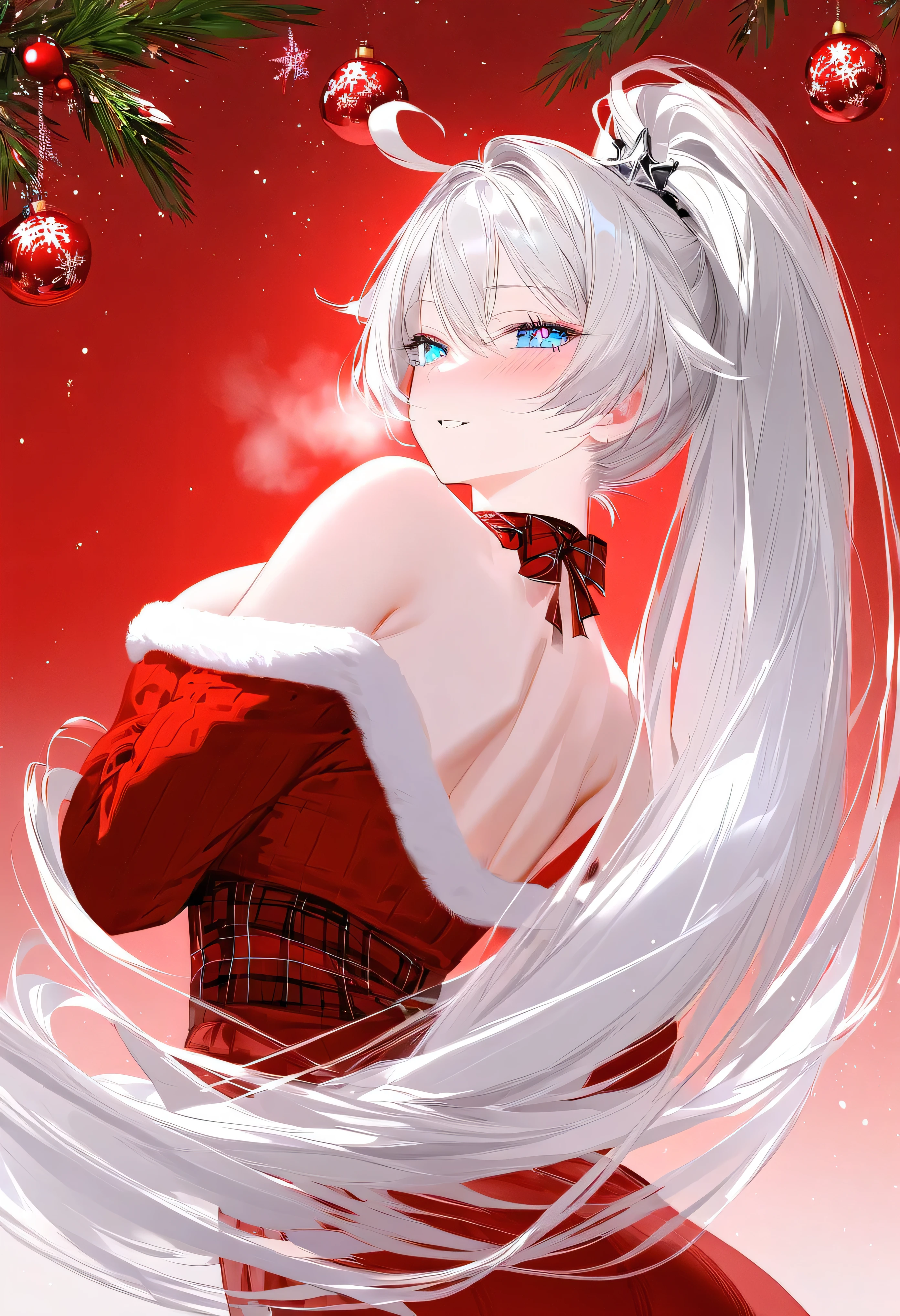 RAR, score_9, score_8_up, score_7_up, masterpiece, best quality, very aesthetic, absurdres, 1girl, adult grown woman, kiana kaslana \(honkai impact 3rd\), herrscher of finality, silver hair, ahoge, ponytail, very long hair, blue eyes, symbol-shaped pupils, glowing eyes, blush, seductive smile, heavy breathing, christmas costume, christmas, christmas background, from back looking at view