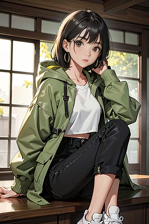 masterpiece、white backgrounid、18-year-old woman、Casual attire such as a black or green jacket、A dark-haired、waist-length hair、Character setting diagram、The tips of the hair are golden、