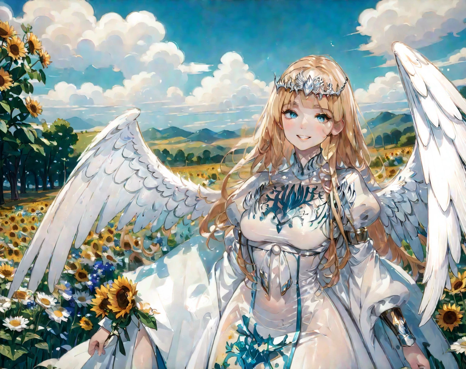 (masterpiece, best quality, 8K HD, colorful ink painting, watercolor splashing pencil drawing), Calca Bessarez, blonde hair, extremely long hair, white tiara, white dress, blunt bangs, (enormous white wings:1.3), (very big wings:1.2), (upper wings:1.1), light blue eyes, solo, 25 years old, mature female, a beautiful smiling girl, her hands on her cheeks, sunflowers and wildflowers on her hair, anime style, full body portrait, detailed character design, complex clothing and design, digital art style, white background, solo, 1angel