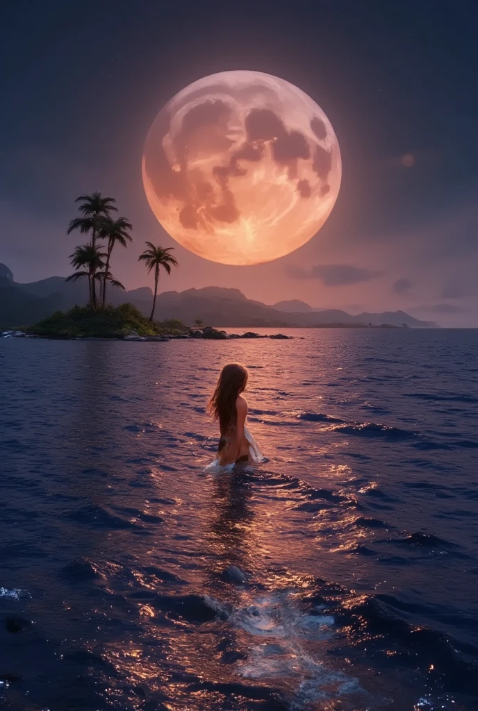 1Naked woman ,hairy vagina walking on top of the sea touching the moon,tan skin wearing red socks,taking full moon light bath! Black pubic hair, golden smilling  fishes jumping out of the water.