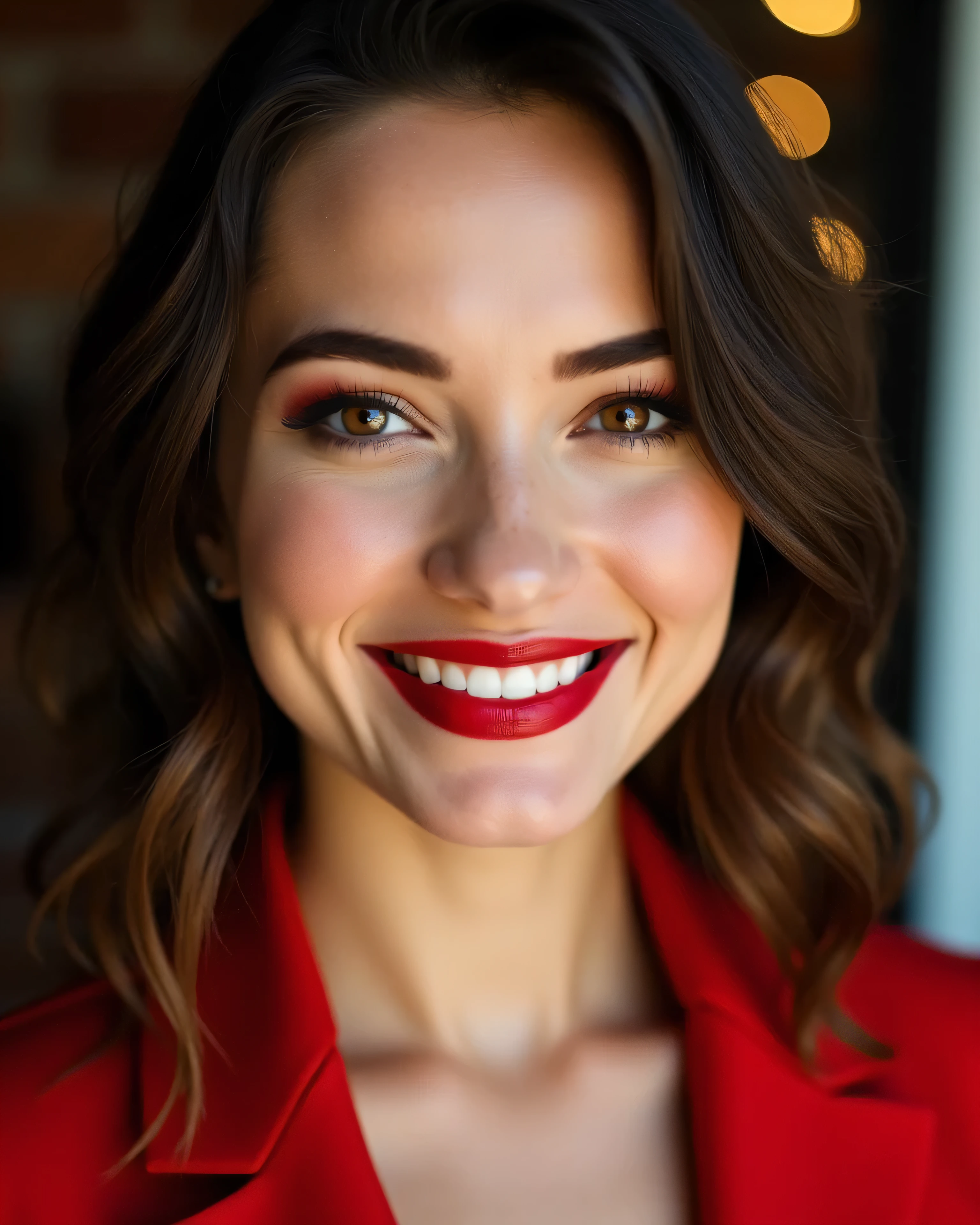 Close-up Portrait of a beautiful 20 year old woman, ,, bright smile, Cleavage , red lipstick , she has Christmas makeup , cinematic, high contrast, brown eyes french model appearance