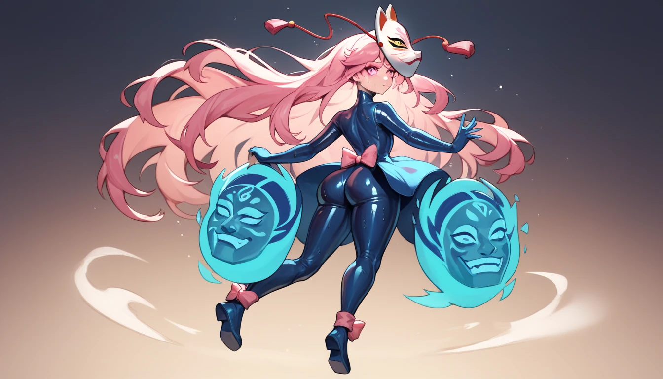 (  masterpiece ,  higher quality ,  Ultra-high resolution ), 1 , Hata no Kokoro,  Fox Mask , pink hair,  long hair, pink eyes,  head mask , ( dark blue latex bodysuit ),  The clothes fit perfectly , pink bow,  latex has a strong metallic sheen, brilliance, bright, full viscous body , Sweat, wrapped, steamy, brilliance, bright, cute face, Anime Face,  Backlight , in this enorme, in this, from behind, focus on in this