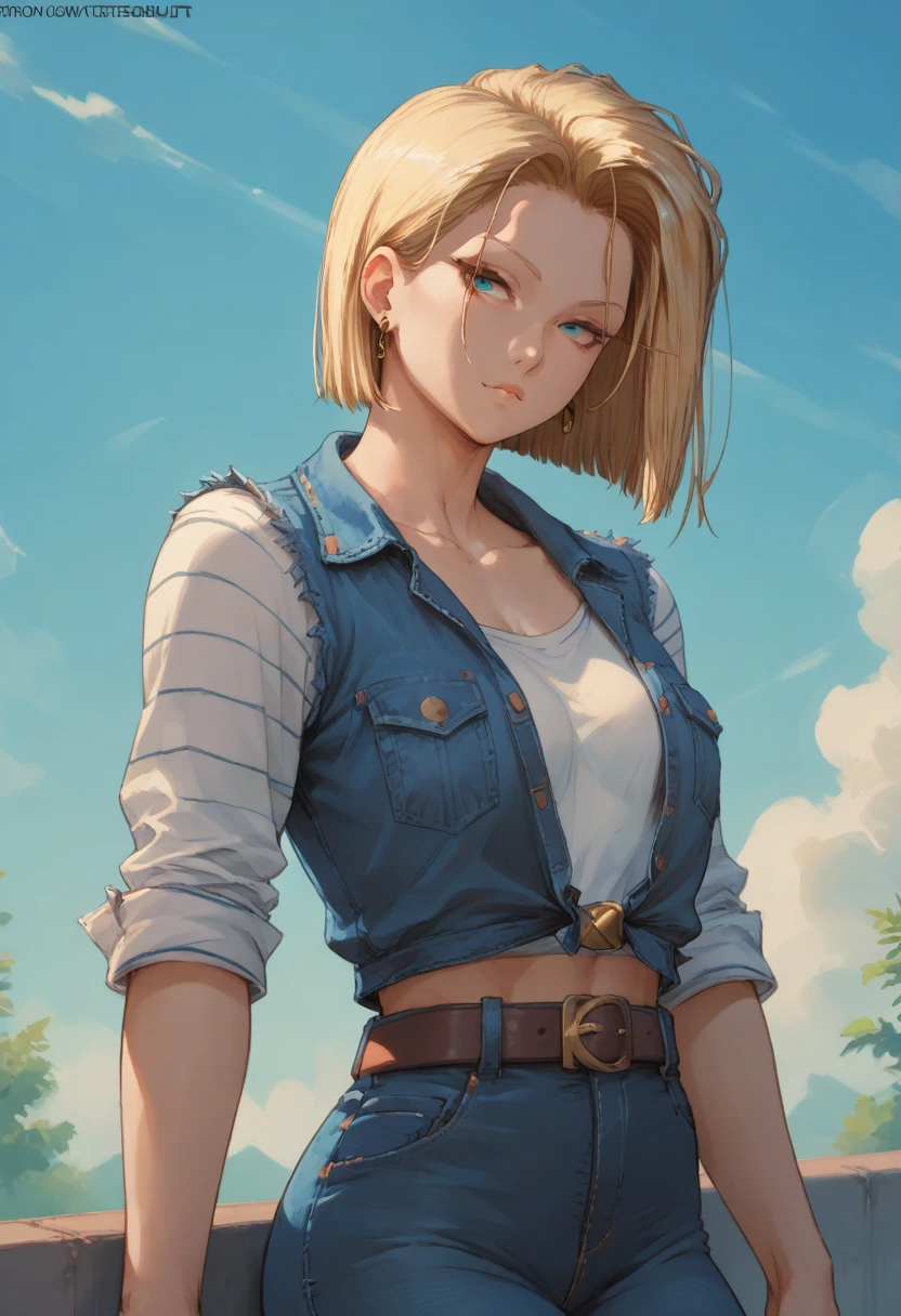 (masterpiece, best quality), 1girl, beautiful face, beautiful body, android18, earrings, denim, belt