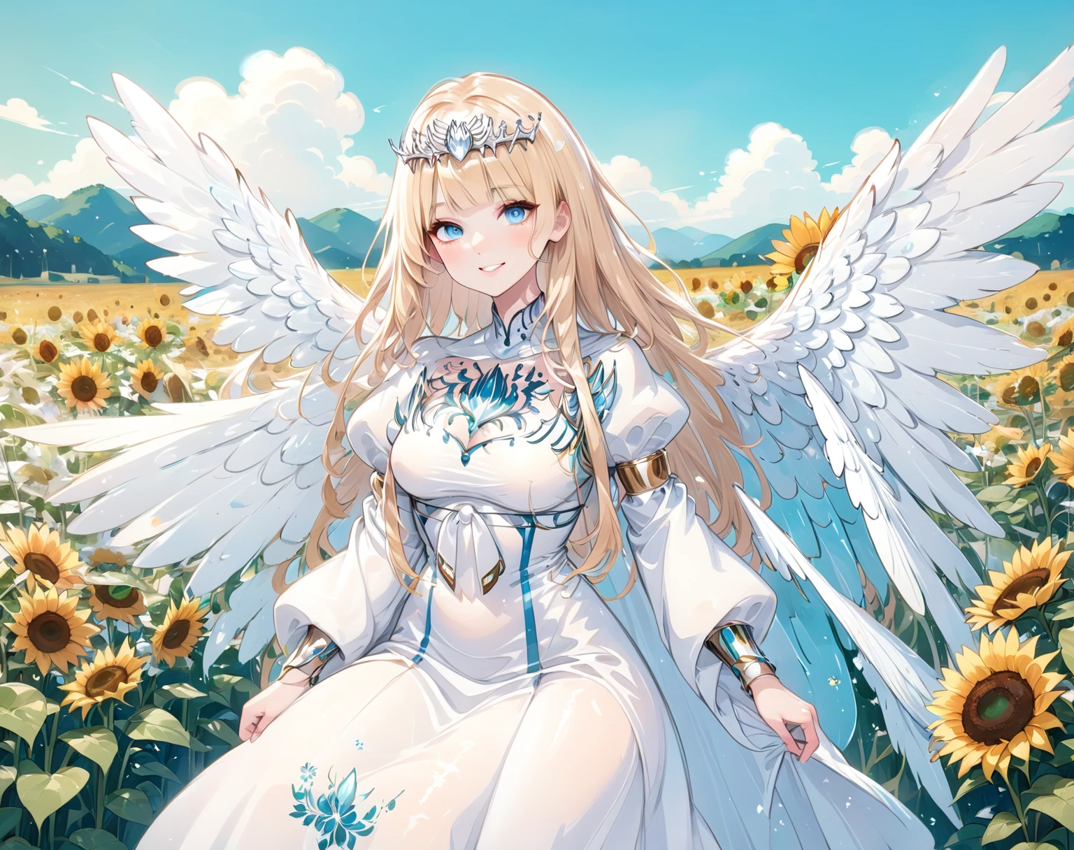 (masterpiece, best quality, 8K HD, colorful ink painting, watercolor splashing pencil drawing), Calca Bessarez, blonde hair, extremely long hair, white tiara, white dress, blunt bangs, (enormous white wings:1.3), (very big wings:1.2), (upper wings:1.1), light blue eyes, solo, 25 years old, mature female, a beautiful smiling girl, her hands on her cheeks, sunflowers and wildflowers on her hair, anime style, full body portrait, detailed character design, complex clothing and design, digital art style, white background, solo, 1angel