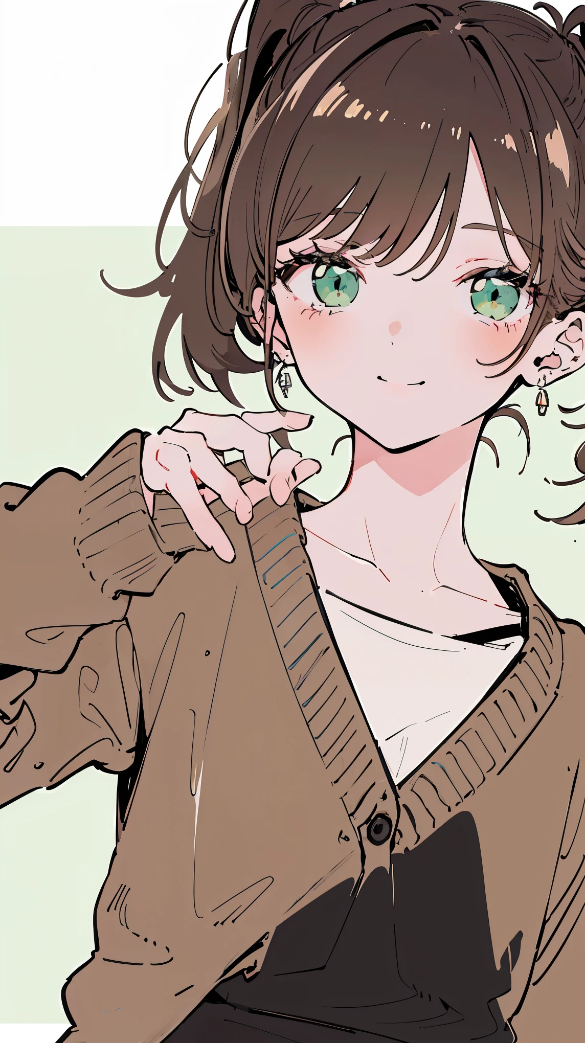 Minimalism, , painting, illustration,  super detailed , The style of the 1990s， brown angled ponytail， Green Eyes ，Smile，Squint，messy little cardigan，avatar