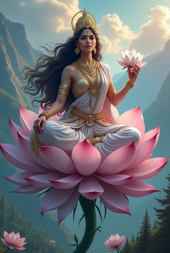 There is a beautiful goddess sitting on a large lotus flower in the void，Perfect body posture，meditative sacral pose，Long curved eyebrows，Beautiful eyes sparkle，The large, Jewel-like eyes sparkle，Clear pupils have reflected light，二重まぶた，（（Plump and rosy lips））Nipples clearly visible，（（Flushed cheeks）），The mandible is plump，Fair skin is delicate and smooth，Delicate skin translucent，A delicate and dexterous crown，inlaid gemstones，Exquisite and ingenious，inlaid gemstones，Sitting on a light red lotus in the air，look straight at the camera，（（Pinch the stem of the lotus flower with one hand）），Place the other hand（（（Open palms））），（nice hand），（Good feet），（good legs），realisticlying，white skinned，（（Correct body structure）），White clothing，decorated in white，Meditate on the lotus pose，baiyun，Blue sky，Head background with round light，Behind him is a colorful rainbow circle，Color glow is turned on，Front lighting，Positive light，No shadows on the face，There are no shadows on the body，Blue sky，Unreal space，ethereal world，dreamworld，with blue sky and white clouds，tmasterpiece，4K，ultra-definition，professional photoshooting，Perspective looks up，Standard lens shooting，